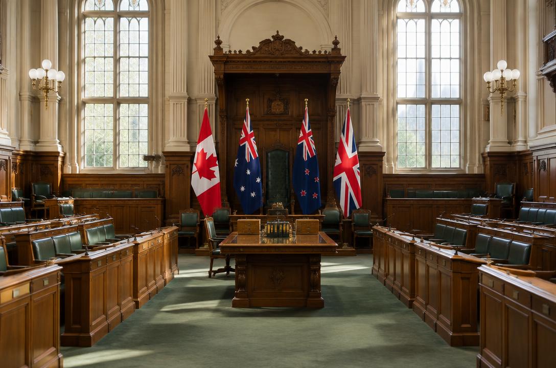 Four flags standing at the front of a parliamentary chamber